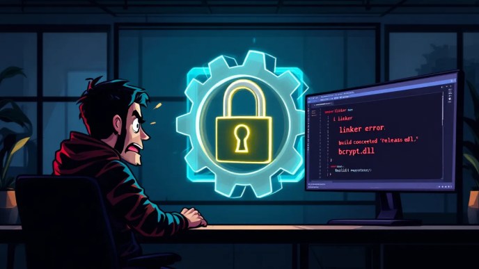 Visual C++ bcrypt.dll linking error in debug vs release mode with frustrated developer and success message in split screen