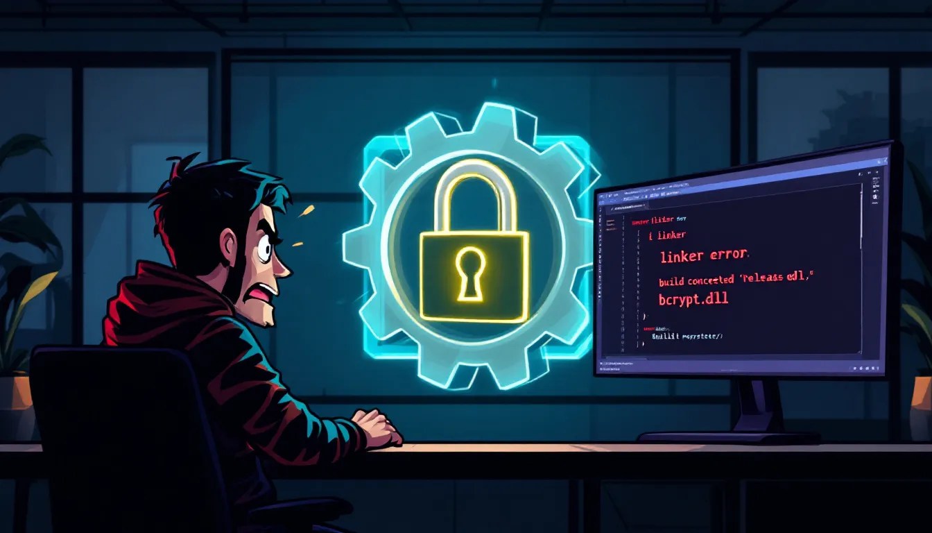 Visual C++ bcrypt.dll linking error in debug vs release mode with frustrated developer and success message in split screen