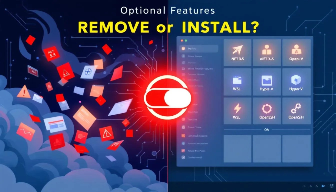 Windows 11 optional features split-screen showing chaotic vs optimized developer desktop, with toggle switch and key features like WSL and Hyper-V