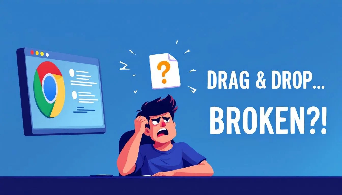 Illustration of a developer struggling with drag and drop between Chrome and Firefox browser windows, showing broken file transfer and confused expression