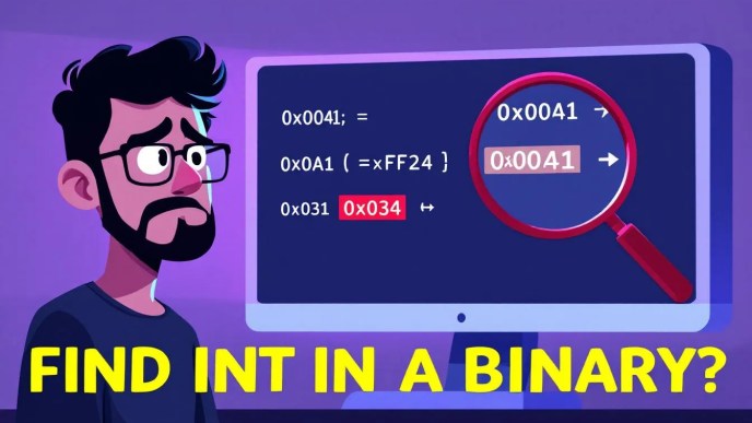Illustration of a C programmer analyzing hexadecimal code on a glowing computer screen with a magnifying glass highlighting an integer value to represent searching for an integer in a binary file using C