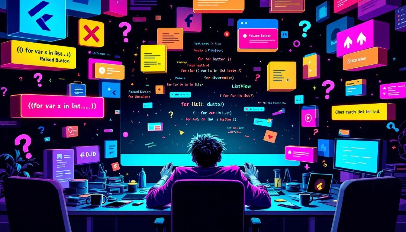 Frustrated Flutter developer overwhelmed by complex nested for loops and hierarchical widget rendering, illustrated in dramatic comic style