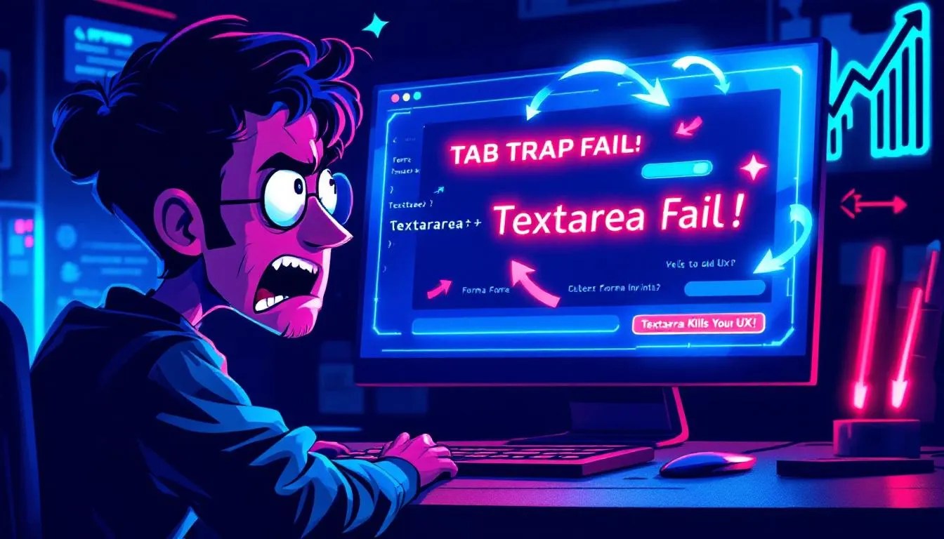 Frustrated developer facing broken focus trap error with highlighted textarea element in modal dialog, illustrating accessibility issue with tab key navigation