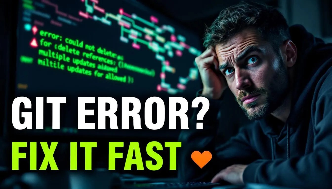 Terminal showing git error 'multiple updates not allowed' with frustrated developer and branching diagram