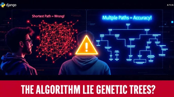 Split thumbnail image showing confused Python developer with broken pedigree graph labeled 'Shortest Path = Wrong' on one side, and a glowing accurate multi-path lineage graph labeled 'Multiple Paths = Accuracy' on the other side, emphasizing issues with inbreeding coefficient calculations using incorrect algorithms