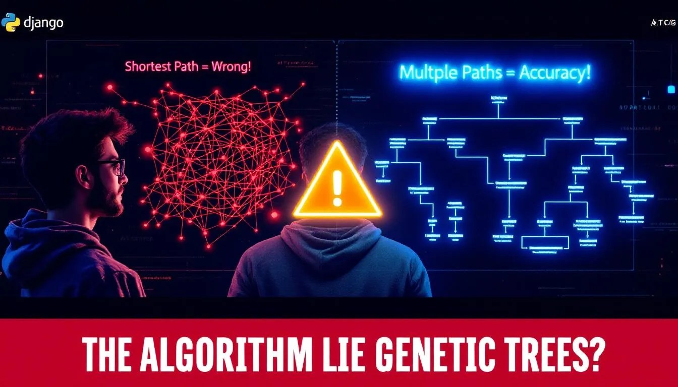 Split thumbnail image showing confused Python developer with broken pedigree graph labeled 'Shortest Path = Wrong' on one side, and a glowing accurate multi-path lineage graph labeled 'Multiple Paths = Accuracy' on the other side, emphasizing issues with inbreeding coefficient calculations using incorrect algorithms