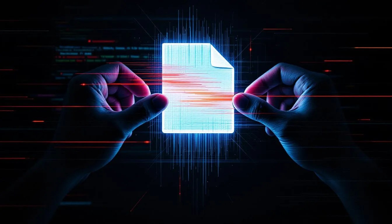 Glowing file icon being pulled apart by two hands over a dark Windows code background, illustrating ReadFile thread-safety issues in multithreading