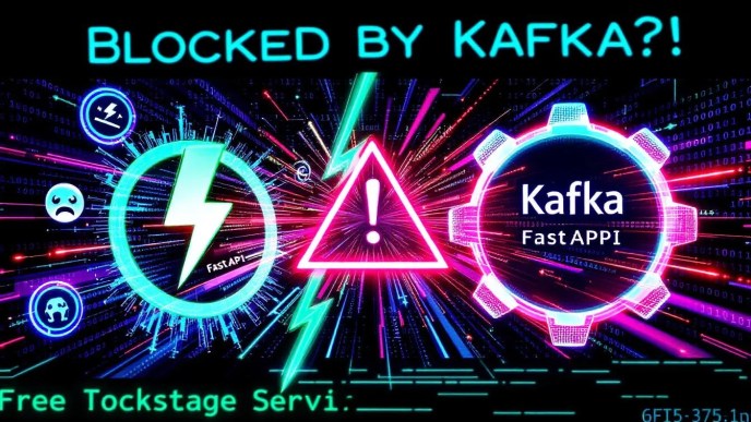 Kafka blocking FastAPI event loop illustrated with Kafka logo overwhelming the FastAPI server using binary code, symbolizing async vs sync conflict