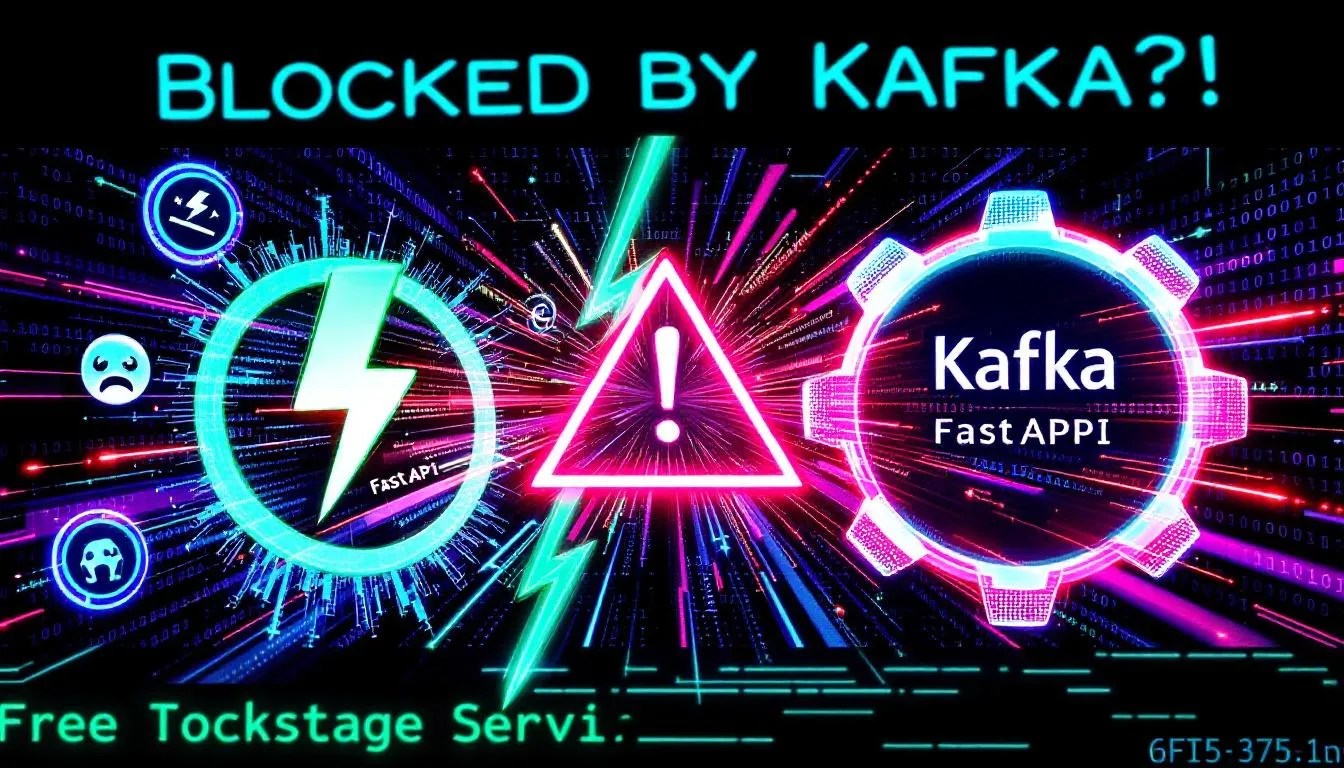 Kafka blocking FastAPI event loop illustrated with Kafka logo overwhelming the FastAPI server using binary code, symbolizing async vs sync conflict