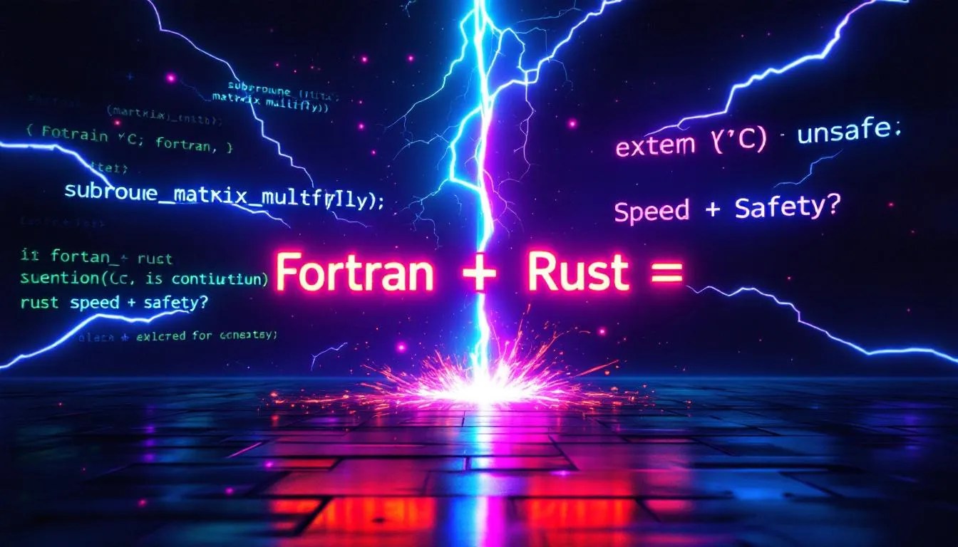 Visual concept of linking Fortran and Rust programming languages, with split-screen code styles, connected by electric arc and explosive graphic in center symbolizing interoperability