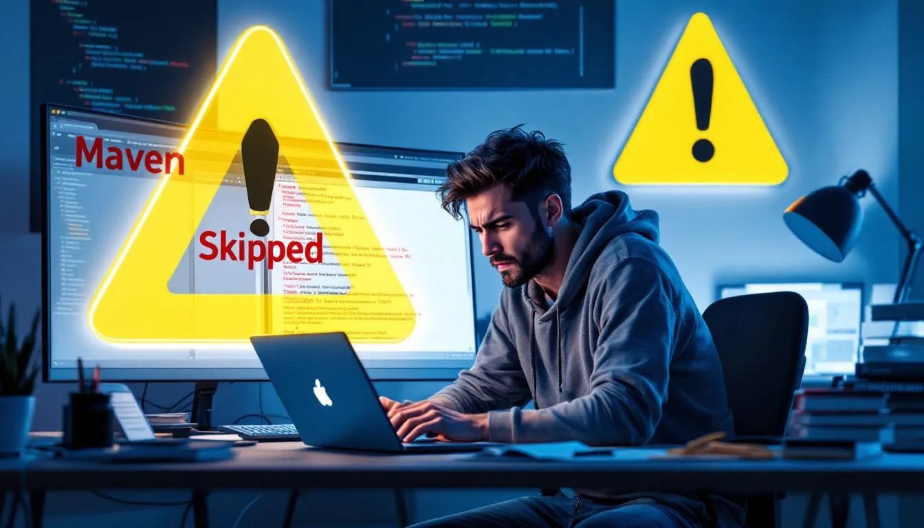 Frustrated developer debugging Maven multi-module build with skipped modules and error terminal logs