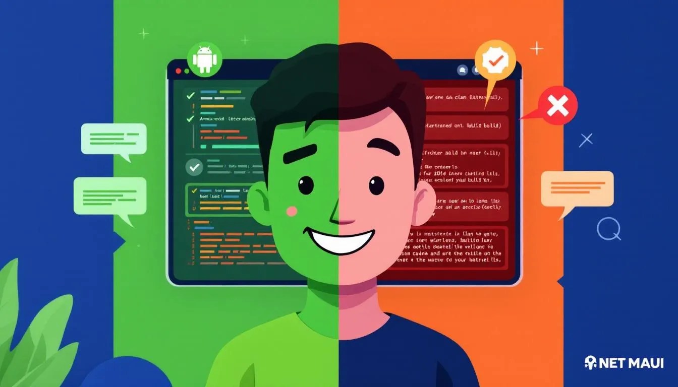 Split-screen image showing a successful Android build on one side and a failed .NET MAUI build with net9.0-android error on the other, illustrating targeting challenges.