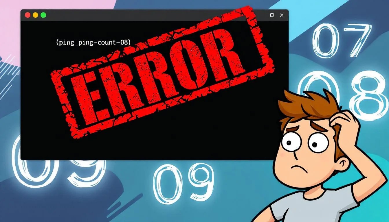 Linux terminal showing 'ping --count=08' with red error overlay and confused developer reacting to invalid octal number