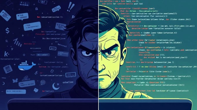 Frustrated developer with broken DevContainer setup and happy developer with successfully installed Playwright and Artillery tools inside VSCode environment