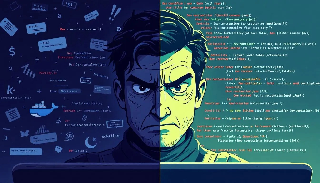 Frustrated developer with broken DevContainer setup and happy developer with successfully installed Playwright and Artillery tools inside VSCode environment