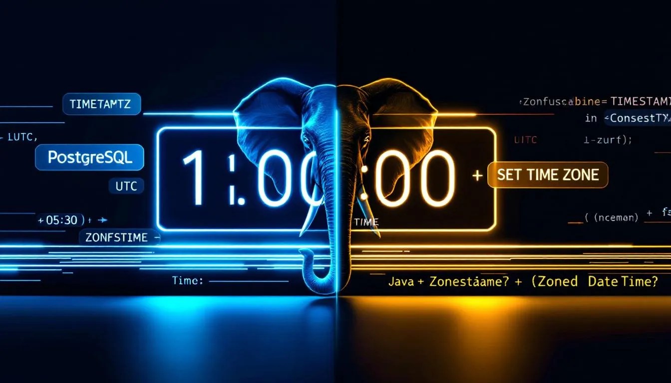 PostgreSQL TIMESTAMPTZ always returning UTC confusing developers using Spring Boot with split digital time display and PostgreSQL logo