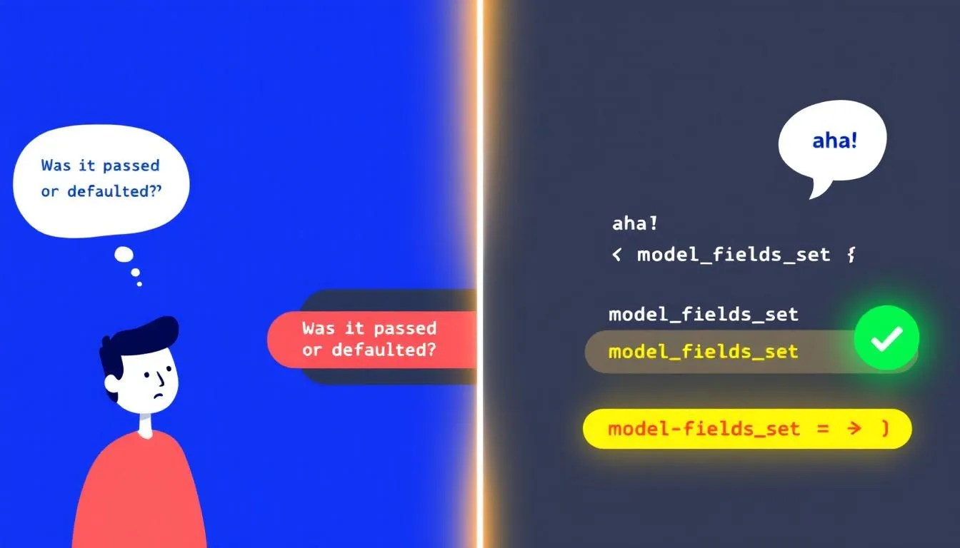 Split-screen image showing a confused Python developer looking at Pydantic model defaults on one side, and the same developer celebrating after using model_fields_set to resolve the issue. Visual representation of distinguishing between default values and explicitly set ones.