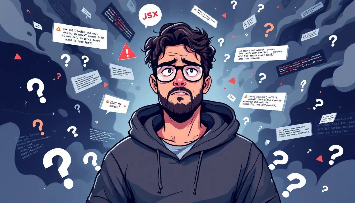 Frustrated React developer looking at require is not defined error in frontend code, CommonJS vs ESModules battle in the background, red console warning
