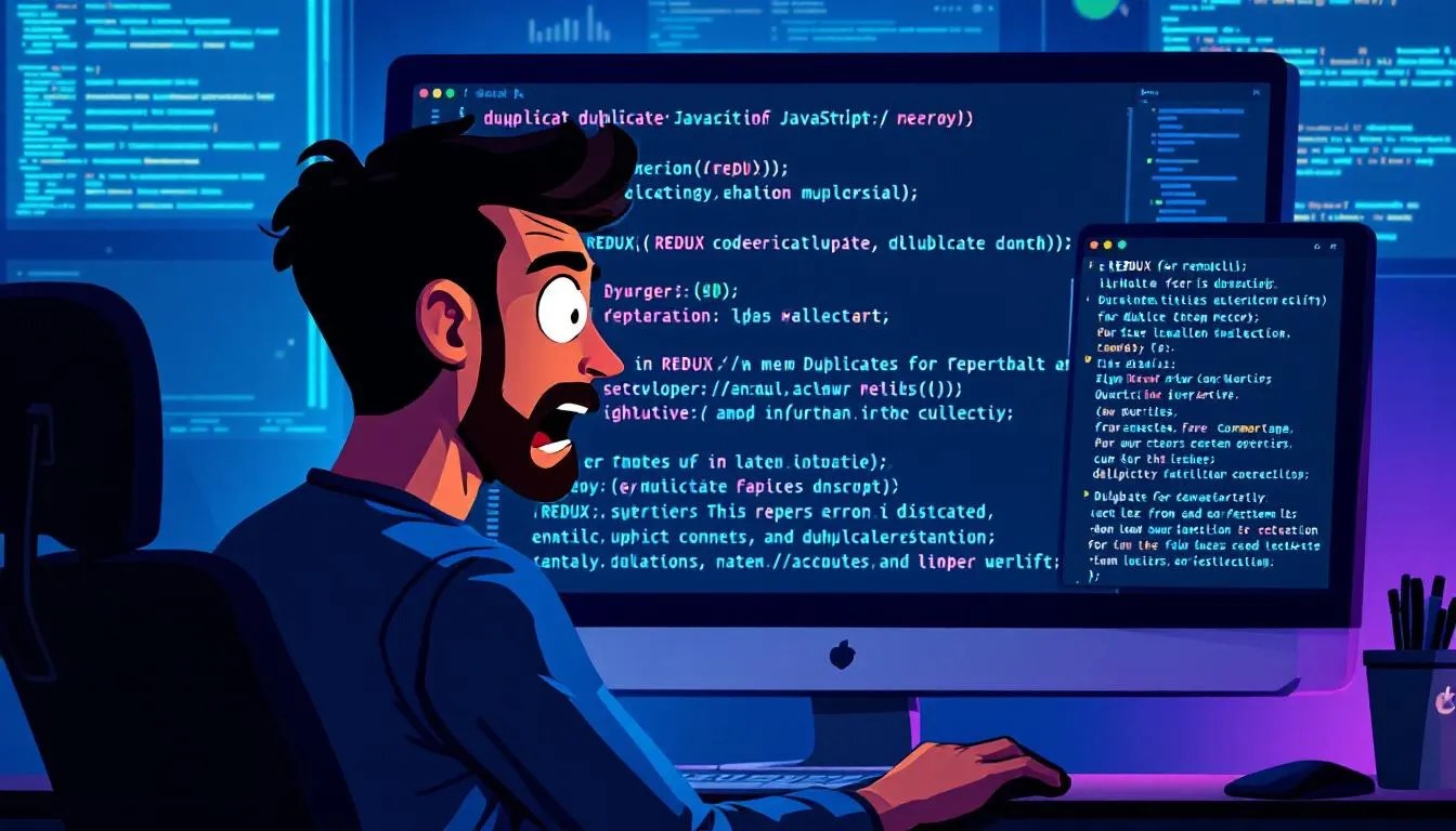 Frustrated developer looking at Redux Toolkit reducer bug with state not updating and duplicated entries on screen