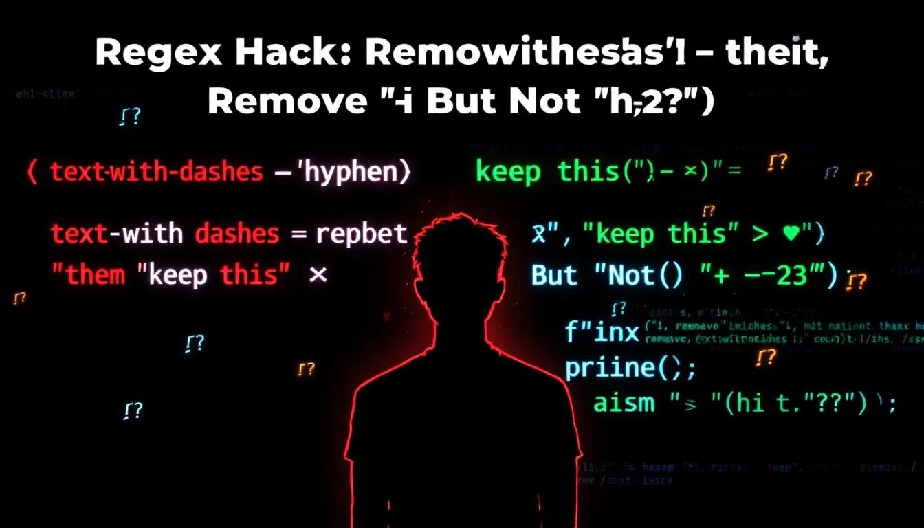 Regex tutorial thumbnail showing how to remove dashes in text without affecting arrow symbols like '-->' using Python lookarounds