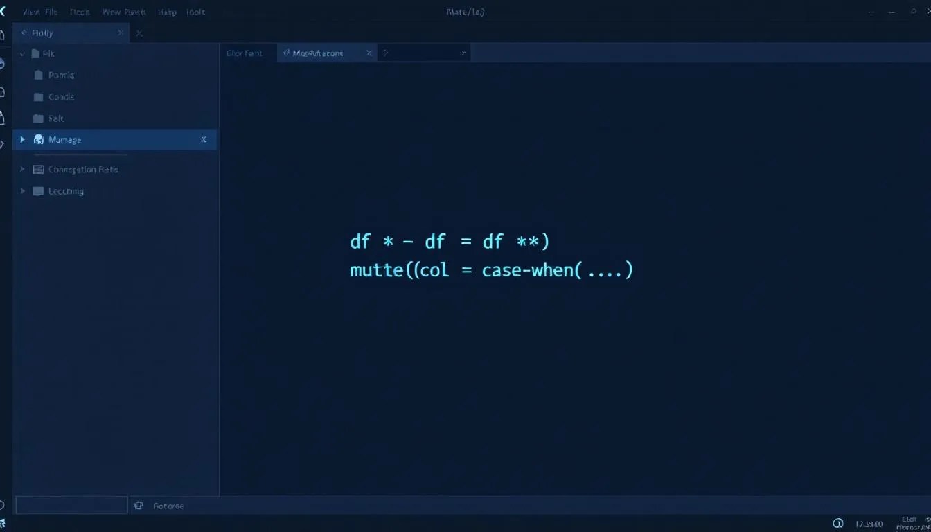 Thumbnail showing R code using mutate and case_when to replace column values with conditions in dplyr, with before-after data frame visualization