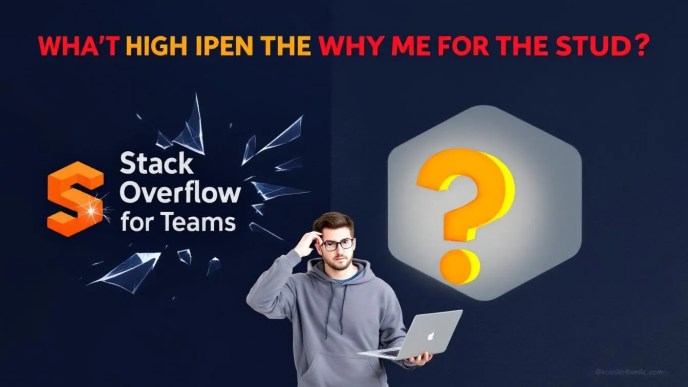 Stack Overflow for Teams logo breaking apart next to new Stack Internal logo with confused developer, representing platform transition