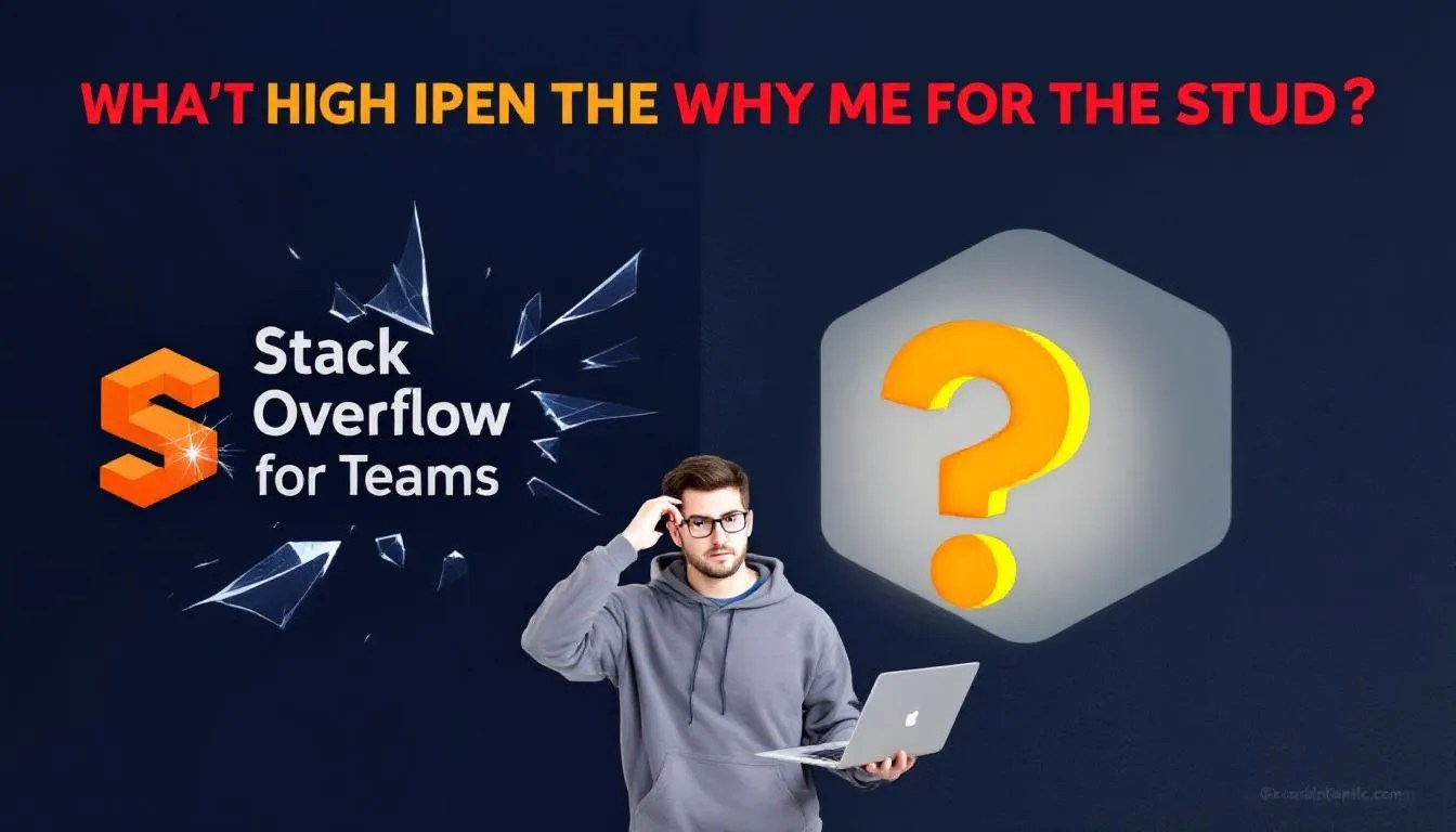 Stack Overflow for Teams logo breaking apart next to new Stack Internal logo with confused developer, representing platform transition