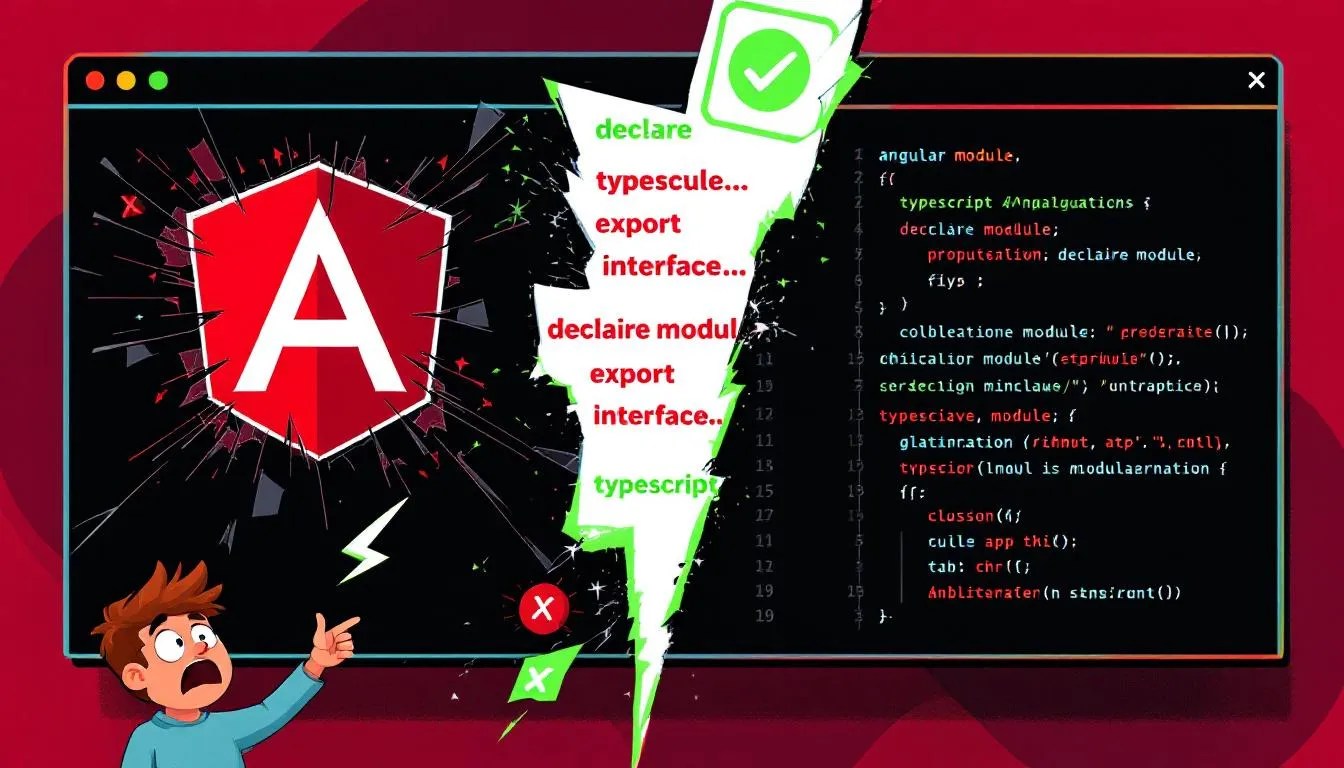 Broken versus fixed Angular app with TypeScript module augmentation visual contrasting proper export overrides