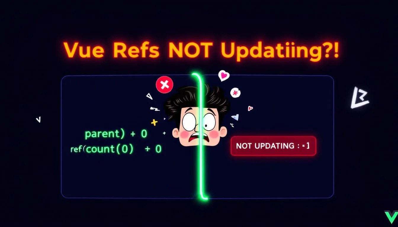Frustrated developer with Vue 3 code showcasing why ref props do not update in child components using Composition API