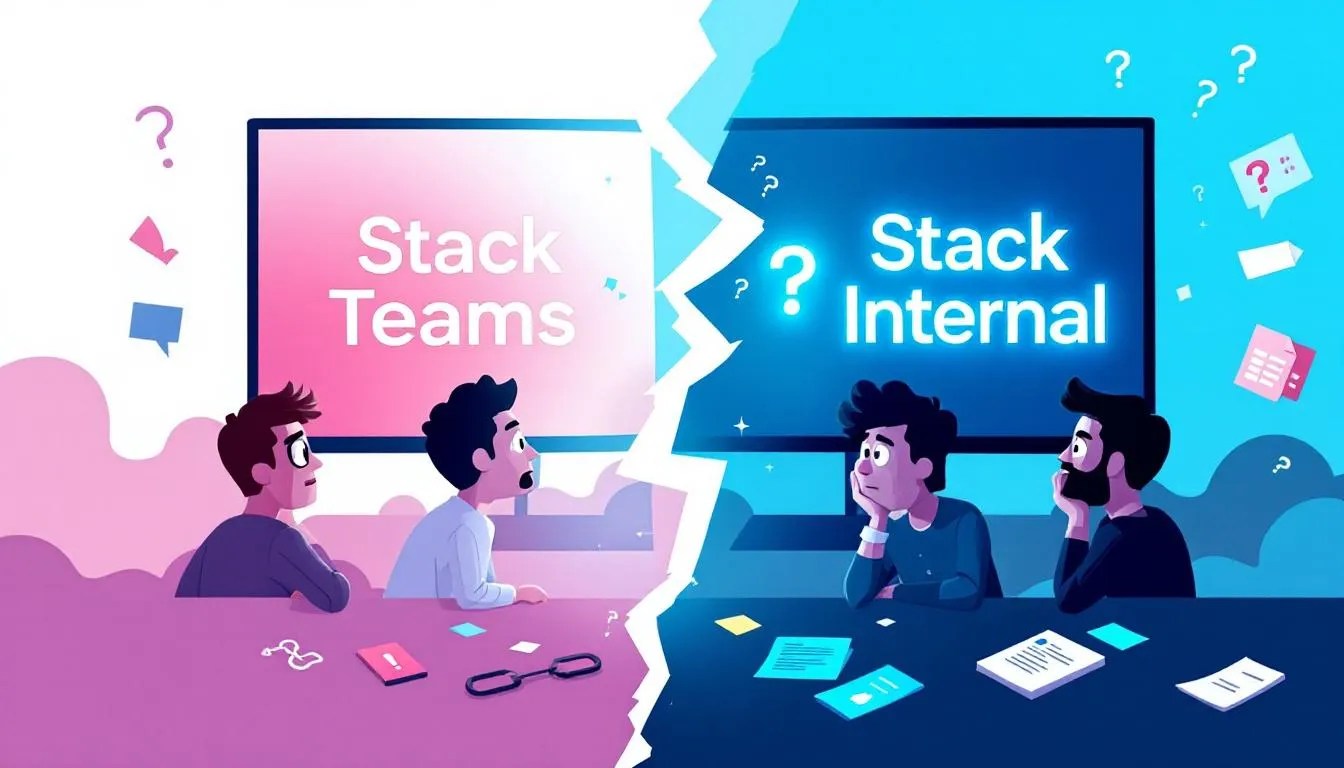 Split image showing Stack Overflow Teams logo fading away on one side and new Stack Internal logo emerging on the other, with puzzled developers looking on