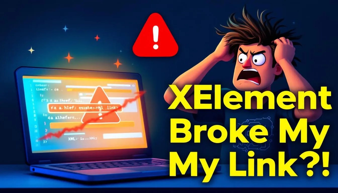 Frustrated developer staring at escaped HTML link code like <a href=...> in XElement, emphasizing XML encoding issue in C#