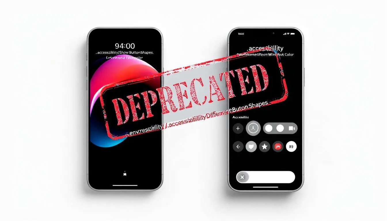 Split-screen iPhone UI showing deprecated accessibilityShowButtonShapes conflict with modern glassEffect in SwiftUI