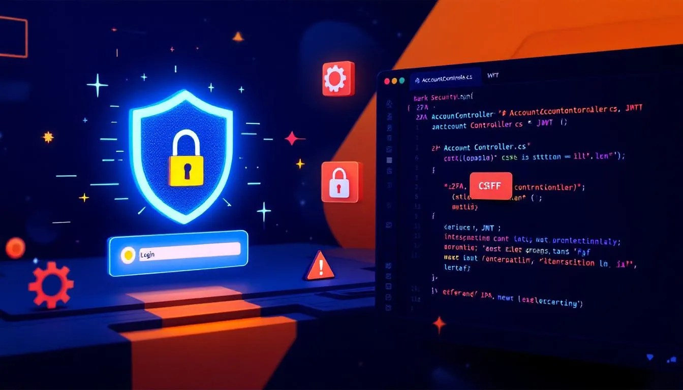 Secure AccountController login and register thumbnail showing split-screen secure login form and backend code, highlighting web security best practices