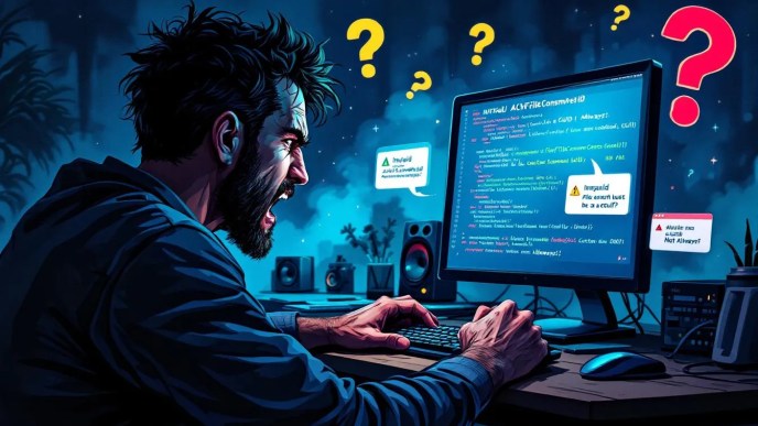 Developer confused by ACHFileConsmRefId format holding head at computer, with error messages and GUID examples visualized
