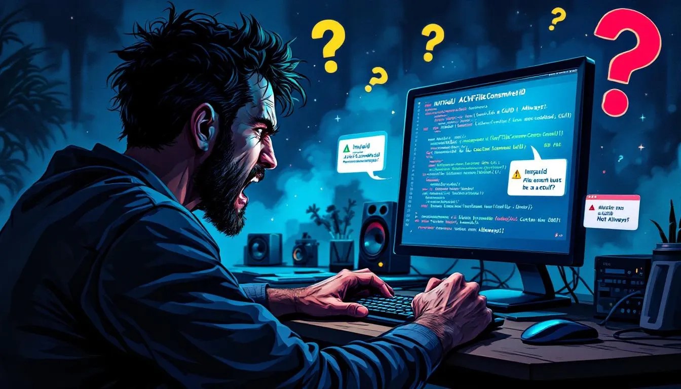 Developer confused by ACHFileConsmRefId format holding head at computer, with error messages and GUID examples visualized