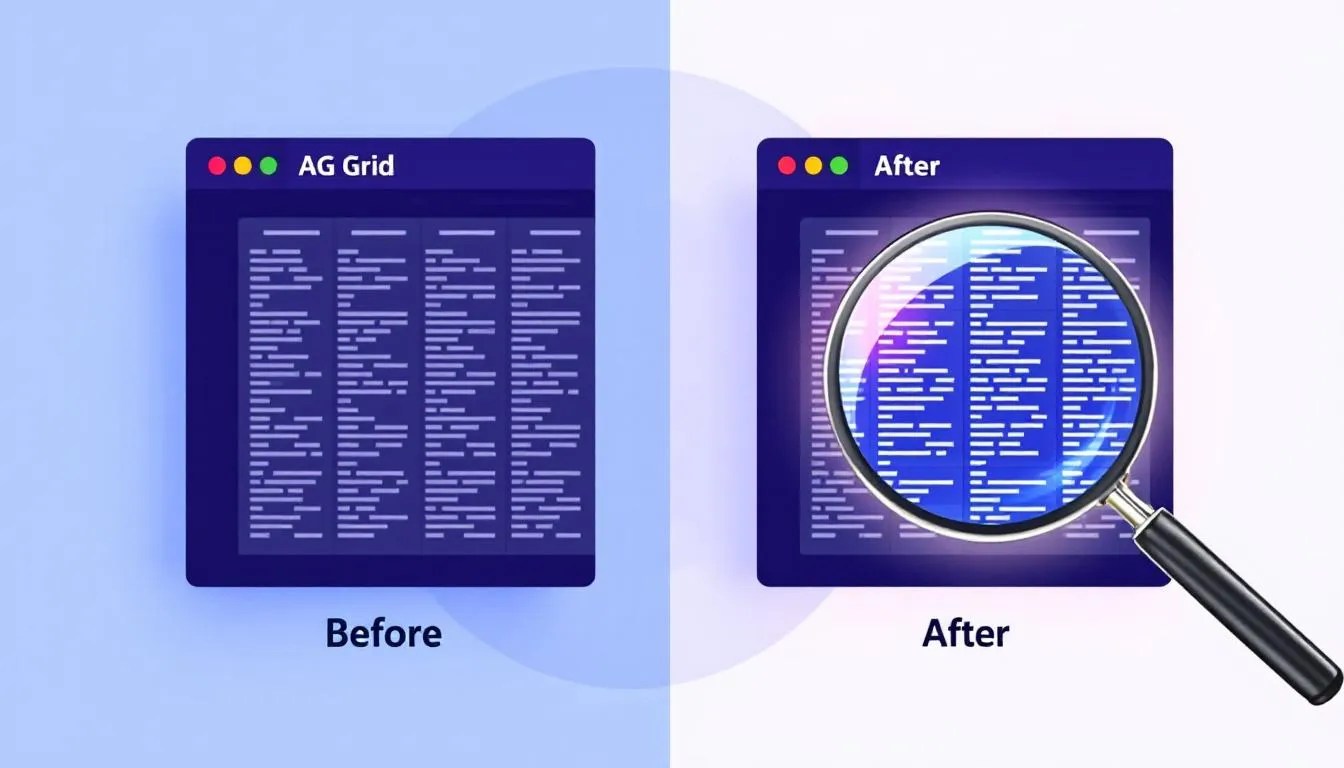 Visual comparison of AG Grid before and after zoom feature implementation showing improved readability with magnified table columns and rows