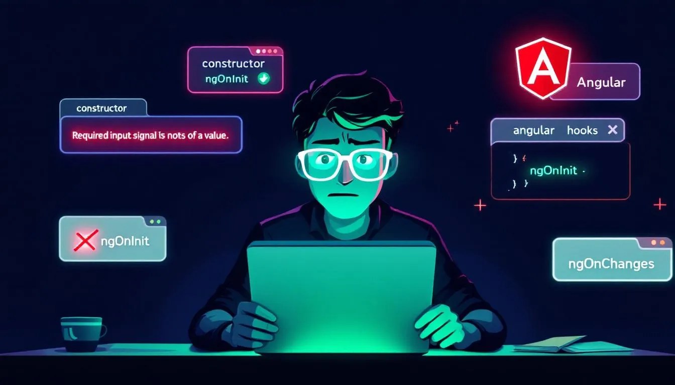 Confused Angular developer facing 'Required input signal does not have a value' error on screen with ngOnInit and lifecycle hooks displayed visually