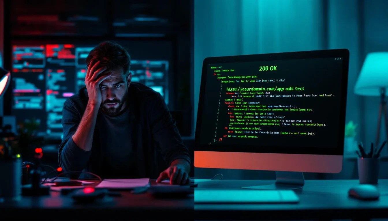 Developer looking at app-ads.txt error messages with a split-screen showing correct file implementation and domain path
