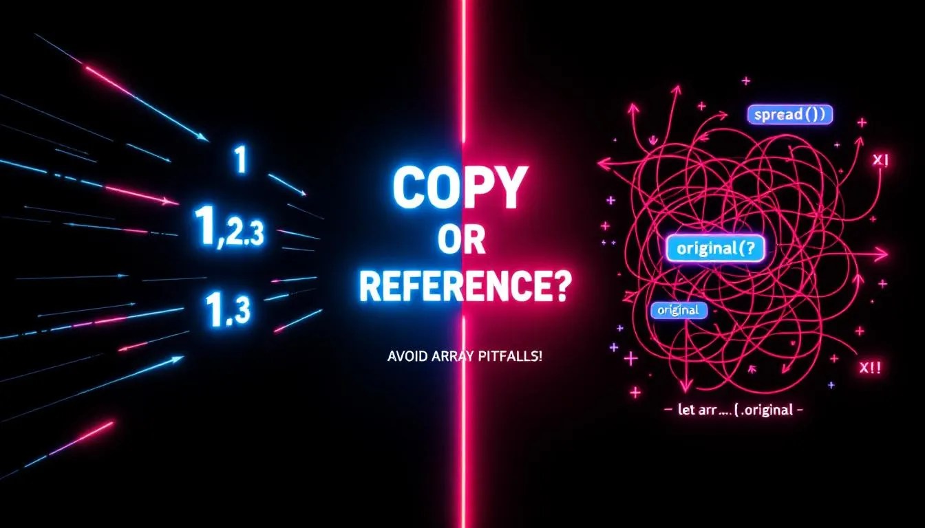 Visual comparison of array copy versus reference behavior in JavaScript and Python, highlighting coding pitfalls and reuse techniques