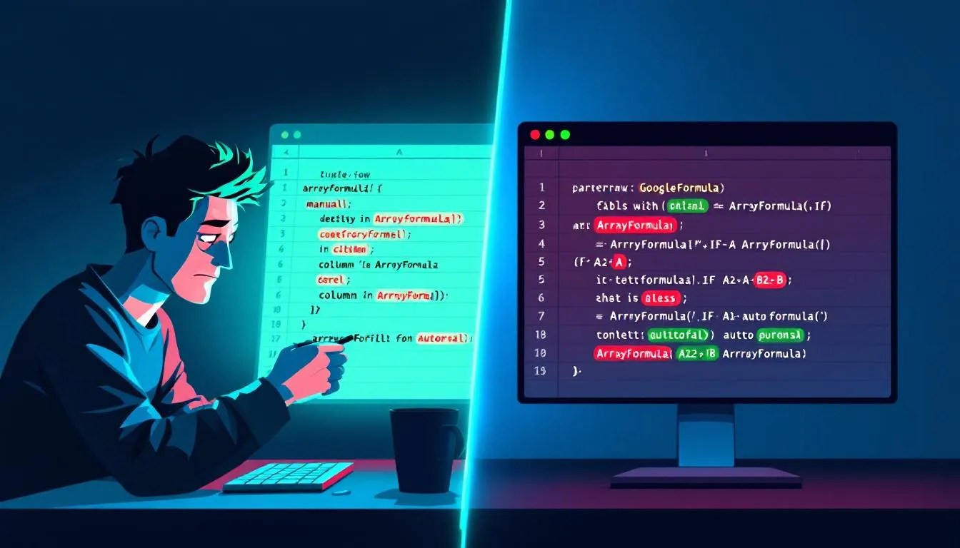 Before and after comparison of a developer using Google Sheets with and without ArrayFormula to autofill rows, demonstrating automation efficiency