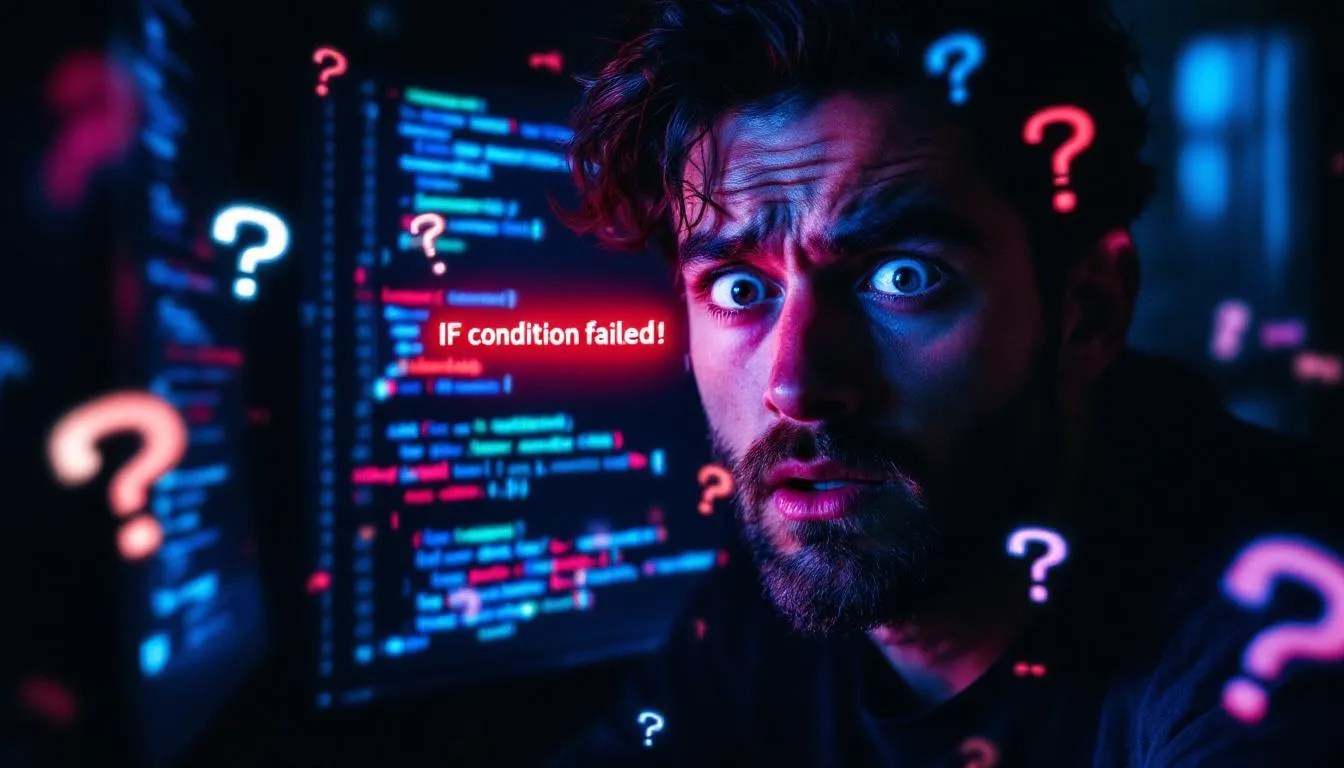 Developer confused by failed binary string conditional logic with code errors and binary digits on screen