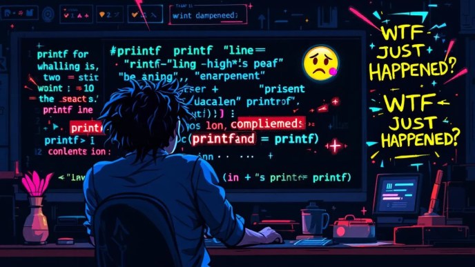 Confused C developer debugging unexpected printf output caused by a commented line in code, highlighting undefined behavior