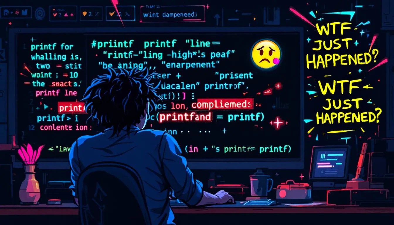 Confused C developer debugging unexpected printf output caused by a commented line in code, highlighting undefined behavior