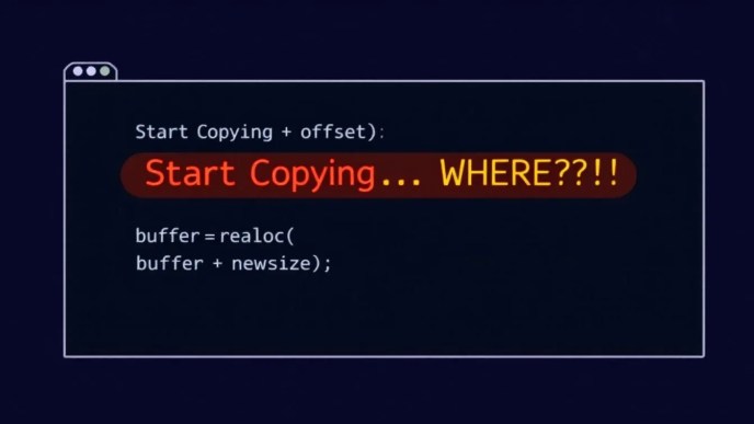 C code showing realloc and buffer offset for appending socket data with pointer highlighting correct copy location