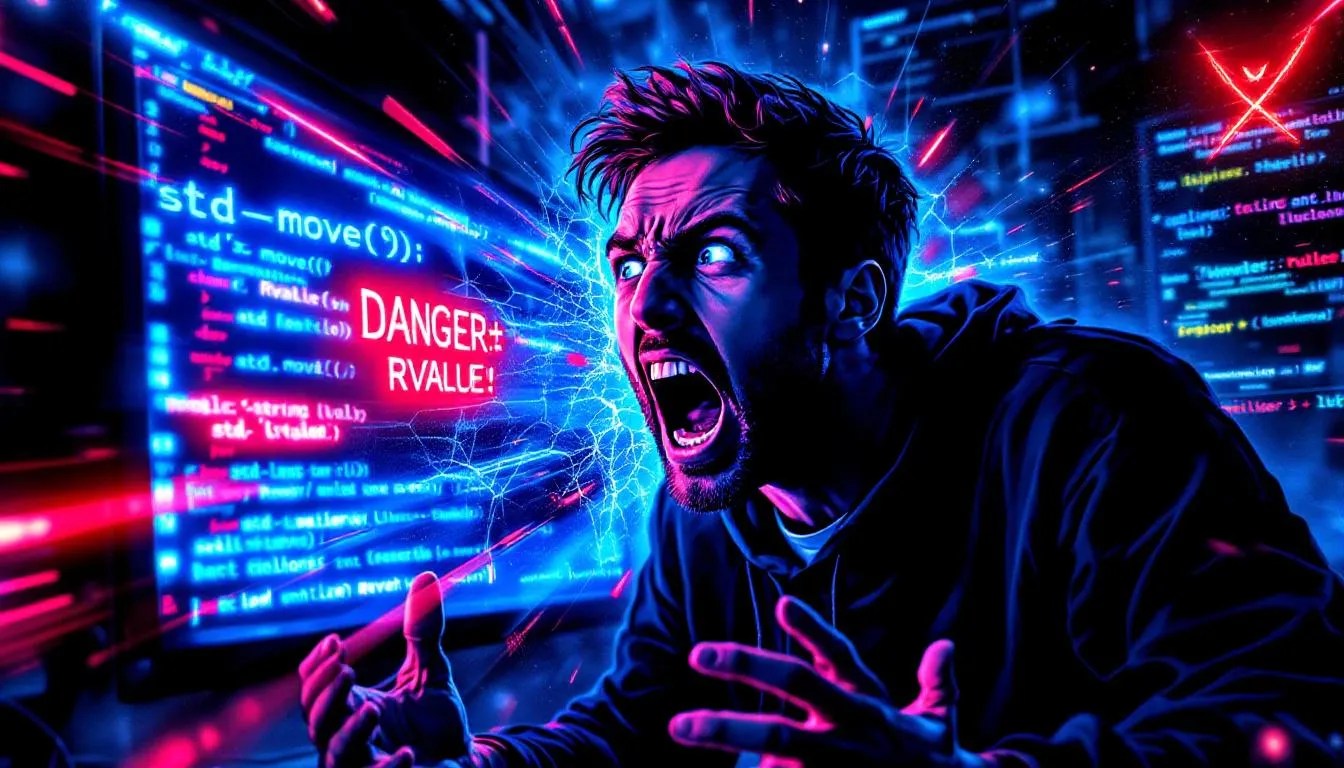 Thumbnail showing shocked C++ developer uncovering danger of reusing rvalue with std::move and broken object on screen