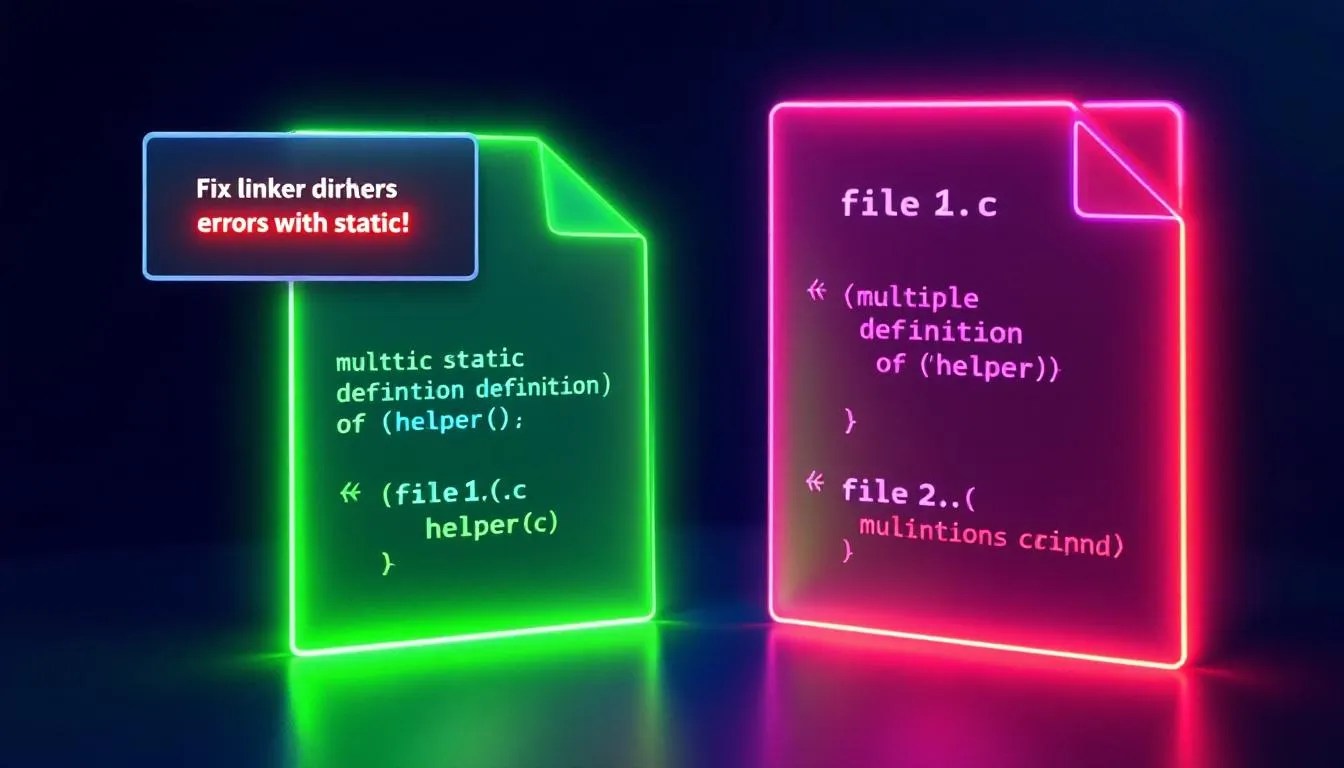 Diagram of C files showing how using static in function definition prevents linker errors with terminal showing 'multiple definition of helper' error message