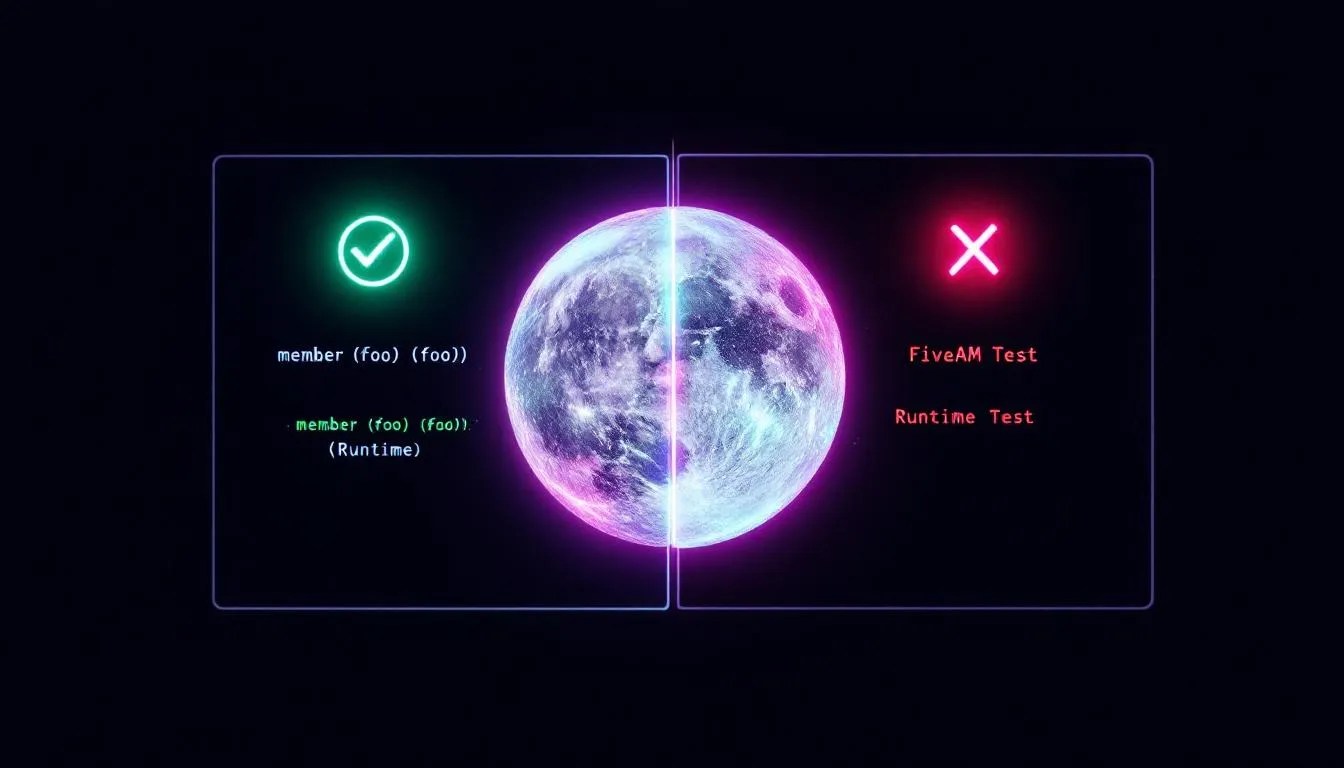 Split image showing Common Lisp 'member' function passing in runtime but failing in FiveAM test with dramatic comparison and bright code highlights
