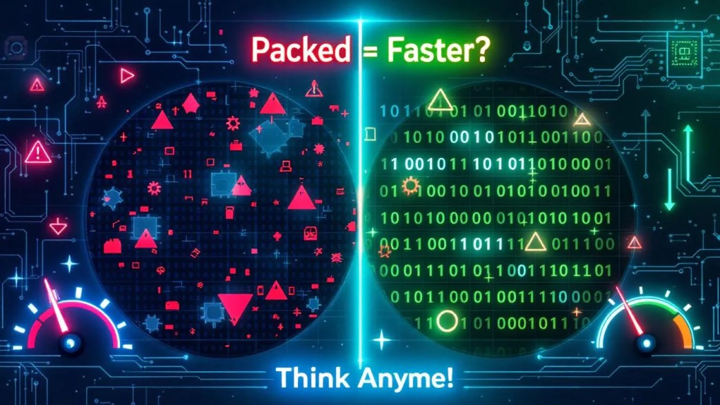 Visual comparison of packed structure versus aligned structure in memory with performance indicators and CPU elements