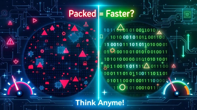 Visual comparison of packed structure versus aligned structure in memory with performance indicators and CPU elements