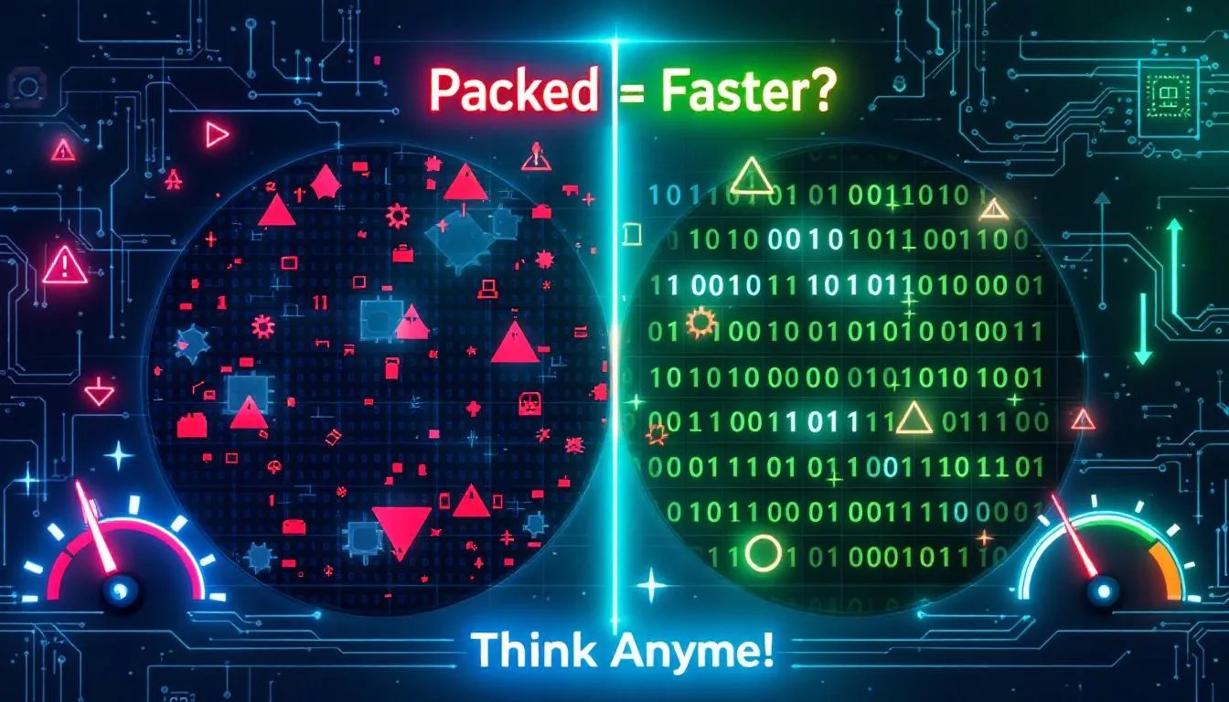 Visual comparison of packed structure versus aligned structure in memory with performance indicators and CPU elements